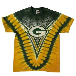 Green Bay Packers Shirt Men's Med Green Yellow Tie Die Majestic NFL Football VTG